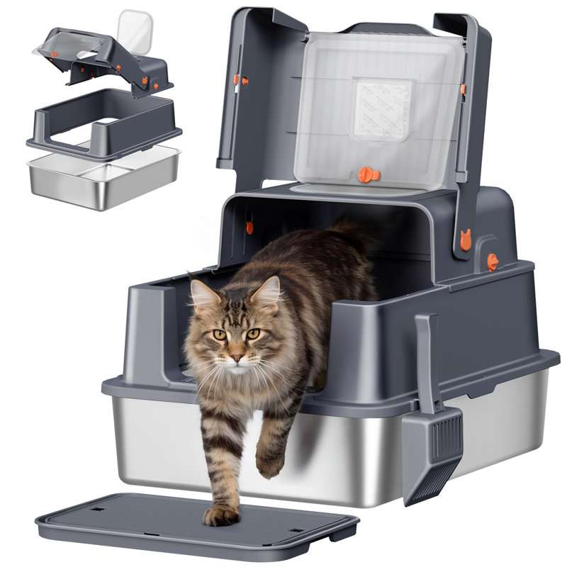 Stainless Steel Cat Litter Tray with Lid, XXXL Enclosed Removable Metal Cat Litter Box, 70 x 50 x 42 cm, 105° Hinged Lid, Includes Pedal and Scoop, Modular Design, Two Doors, Dark Grey 