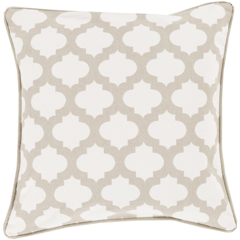 Stamped Cotton Geometric Throw Pillow Cover, 18" H x 18" W x 0.25" D, White\Taupe
