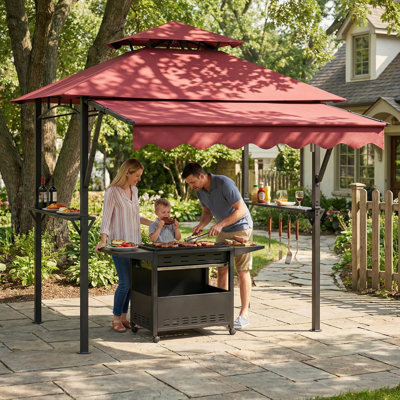 Pavillon de jardin en acier robuste 8 pi x 5 pi avec toit à deux niveaux, auvent 7 pi x 3 pi, tablettes, 10 crochets, lumières DEL, abri de jardin extérieur pour patio, rouge Claret