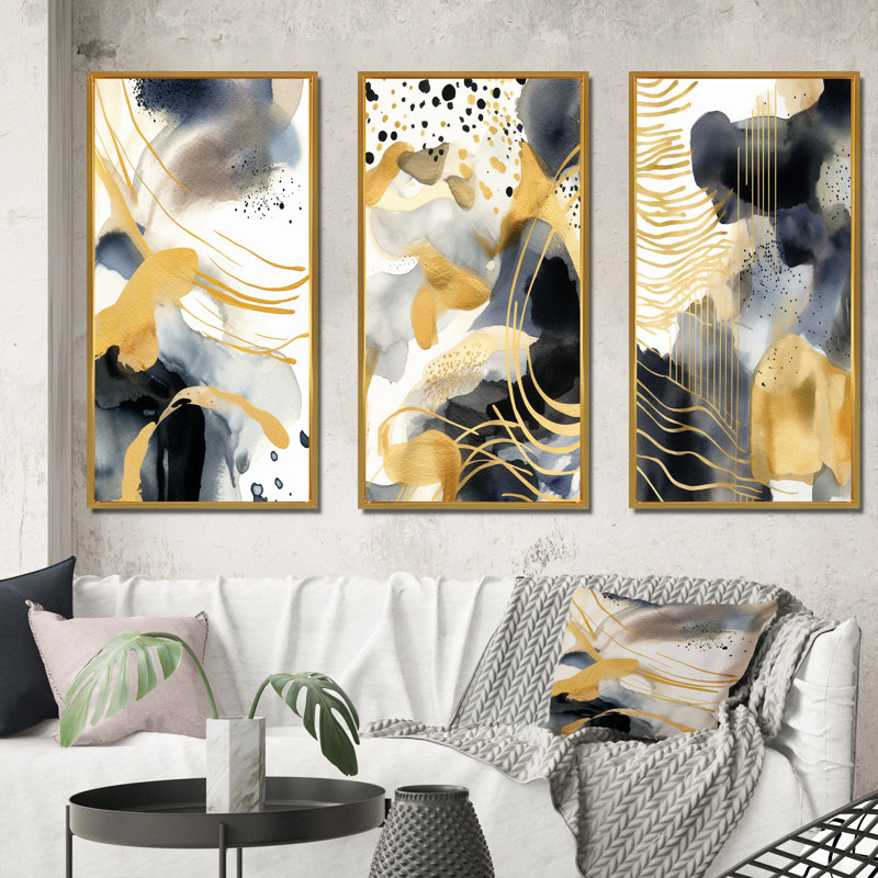 «Pastel Abstract with Blue Black and Gold Spots V», 3 pièces sur toile, Cadre flottant doré, H 40 po x l 60 po
