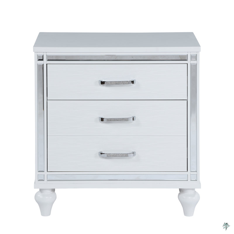 Nightstands With Mirror Frame Accents, Bedside Table With Two Drawers And One Hidden Drawer, End Table With Crystal Pull