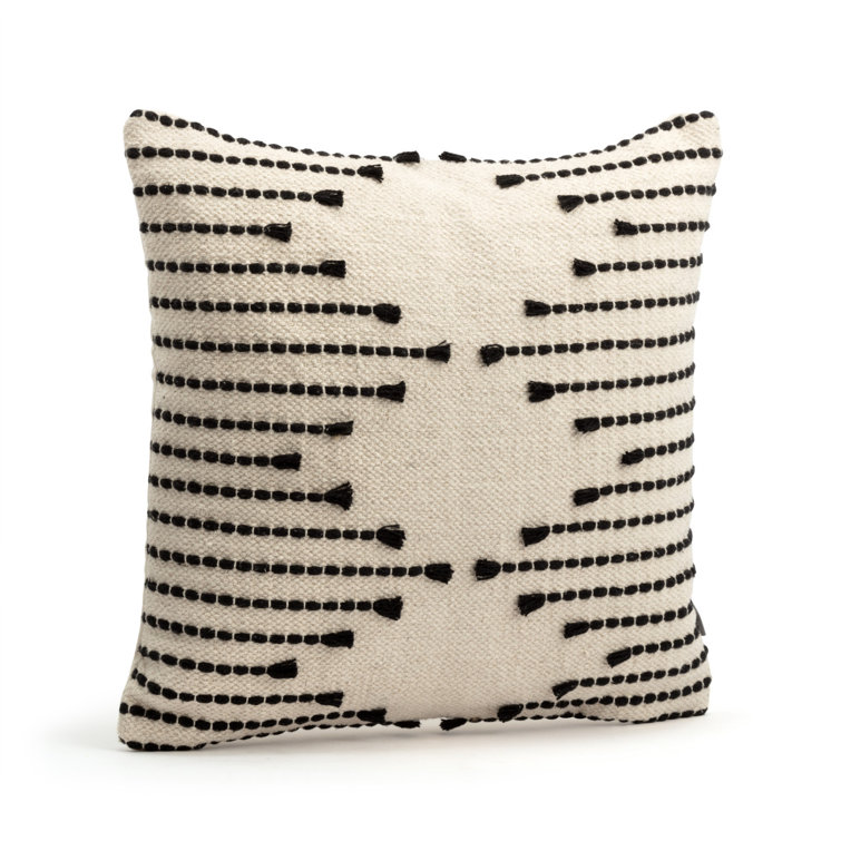 Black and White Geo Print Tasseled Outdoor 22 Square Throw Pillow