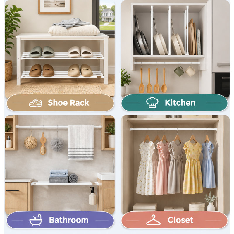 Lot de 2 petites tringles à rideaux blanches à ressort, réglables de 61 à 91 cm, sans perçage, avec conception antidérapante ; idéales pour les locataires et polyvalentes pour les fenêtres, la cuisine, les portes, la salle de bain et les placards.
