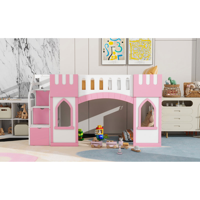 Lit mezzanine simple avec fenêtre et escalier de rangement fonctionnel en rose - utilisateur de bois robuste - délicieux