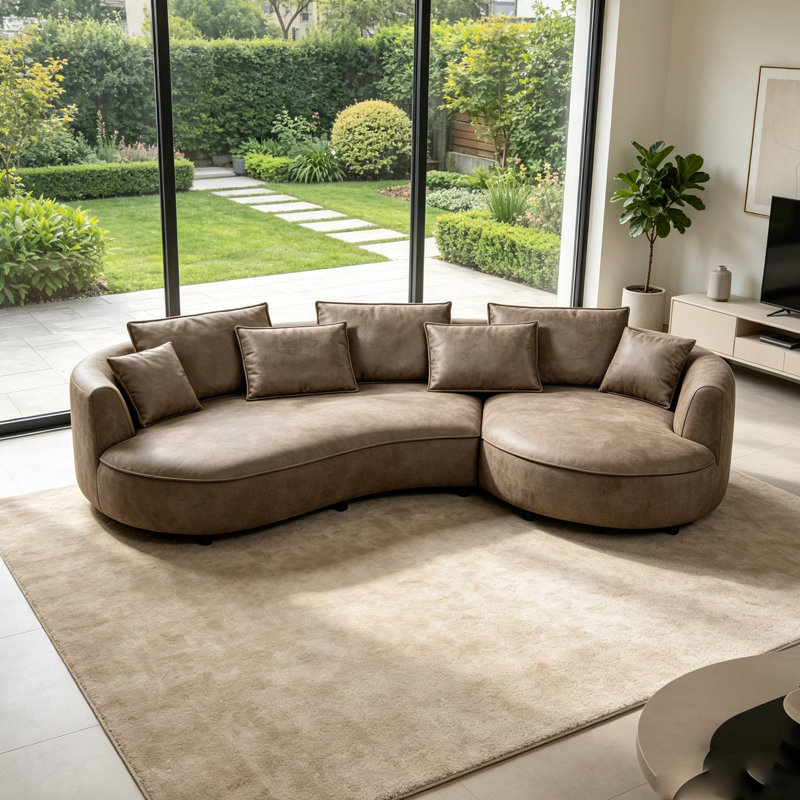 Canapé modulaire en cuir courbé de 128 po avec méridienne et 7 coussins, Orienté à droite, Similicuir brun