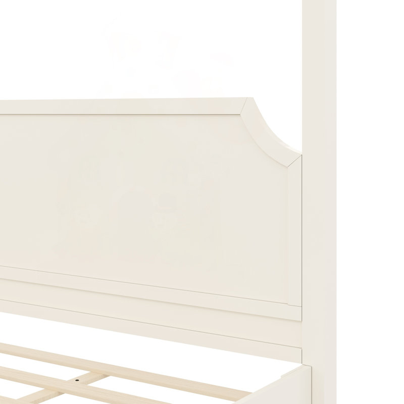 Très grand lit plateforme à baldaquin en bois avec tête de lit et pieds de support, King, Blanc crémeux