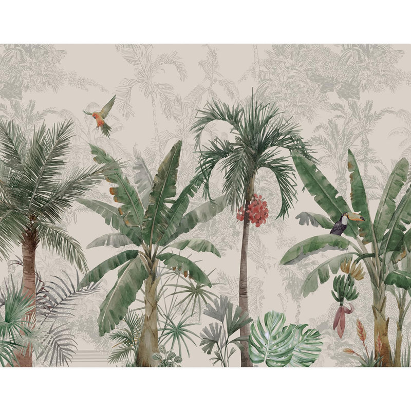 Jungle vibrante colorée avec oiseaux, L 132 po x l 168 po