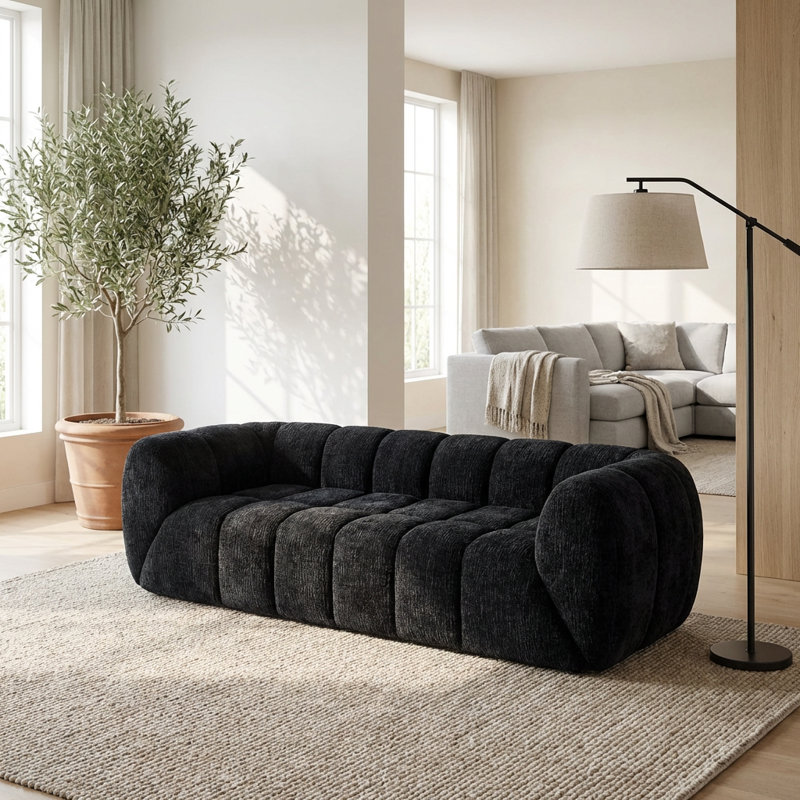 Canapé moderne à trois places Cloud avec revêtement matelassé en chenille et assise profonde