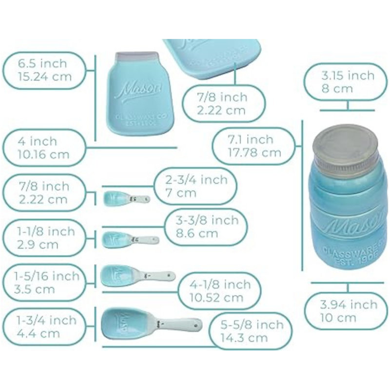 Ebern Designs Vintage Kitchenware Set Multi-piece Kitchen Ceramic Décor Set W/ 4 Measuring Cups, 4 Measuring Spoons And Spoon Rest - Attractive Vintage Style, In Aqua Blue Embossed Ceramic