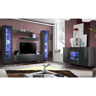 Achna 75.5" Modern Floating Wall Mounted Entertainment Center with 16-Color LED Lighting, High Gloss Finish, Wall-Mounted