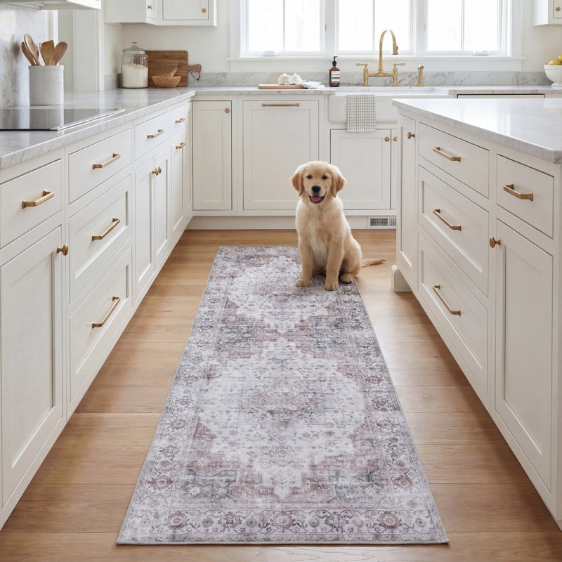 Tapis oriental en polyester tissé à la machine Melaya, Tapis de couloir 2 pi 6 po x 8 pi