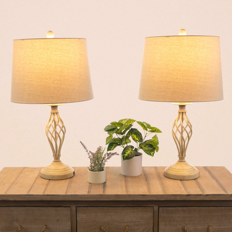 Ensemble de lampes de table modernes Bay Isle Home ™ avec ports de charge USB, ampoules DEL et abat-jour en lin, Sable, Sable