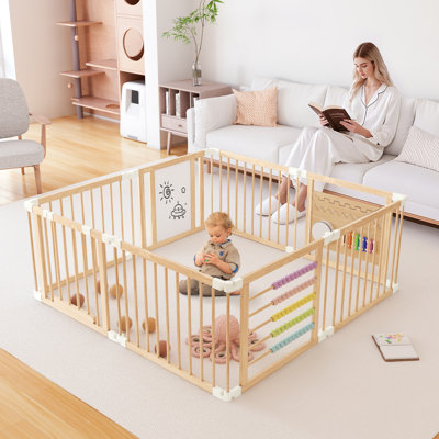 Playpen for Babies And Toddlers, Adjustable, Foldable Wooden Baby Playpen Activity Centre