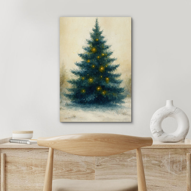Arbre de Noël avec lumières dorées, impression sur toile encadrée, H 48 po x l 32 po x P 1,5 po, Toile tendue