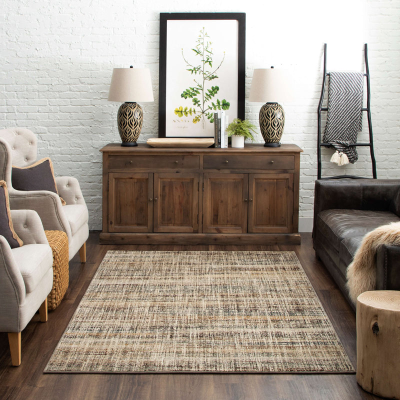 Beige and Taupe Synthetic Stripe Rectangular Area Rug