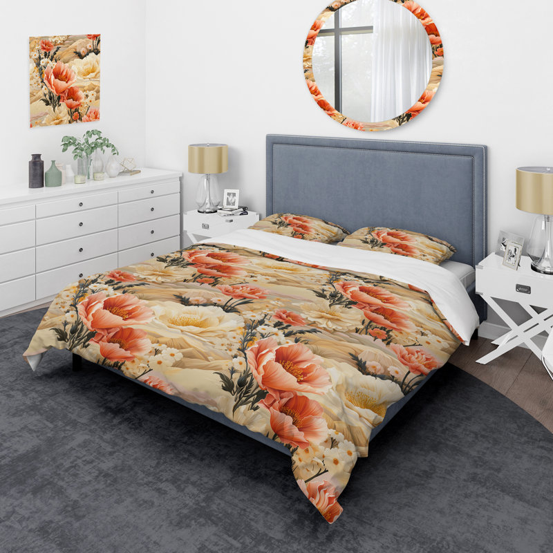 Literie Sandy beige pivoines Mirage pêche I, Housse de couette simple + 1 taie décorative stan