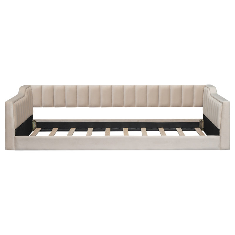 Velvet Upholstered Twin XL Daybed with Side Storage Pocket, Modern Twin Bed and Sofa for Small Spaces,Beige, Beige