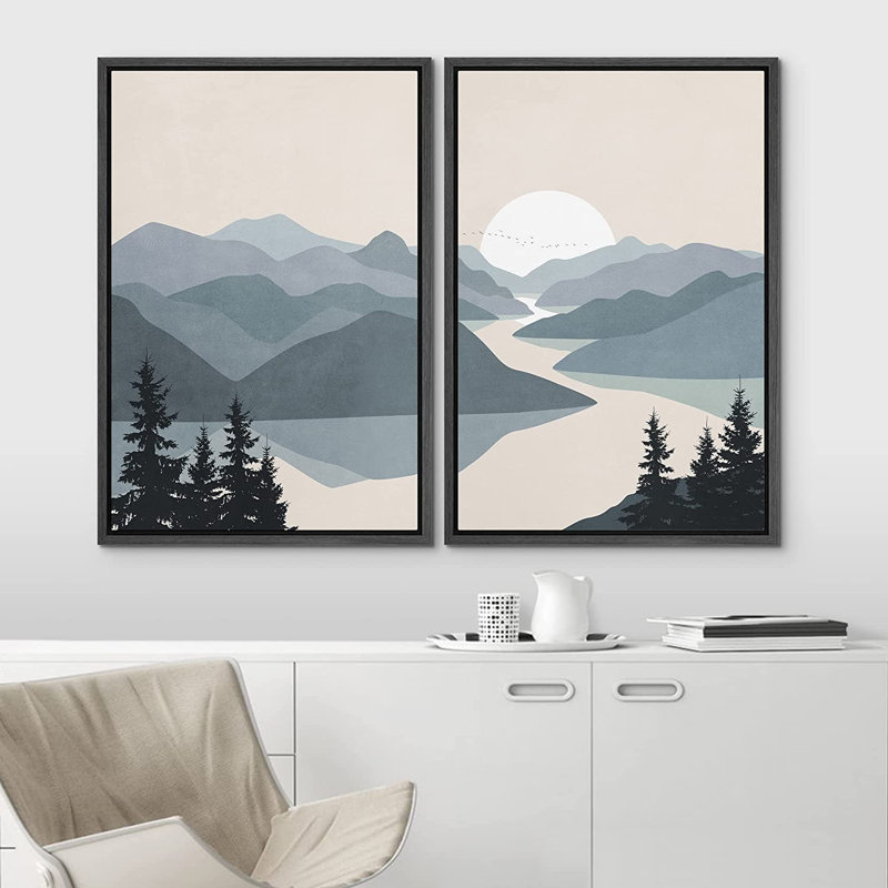 "Sun Mountain Landscape" Greenish Grey River Abstract Nature, reproduction d'art sur toile encadrée 2 pièces, Noir