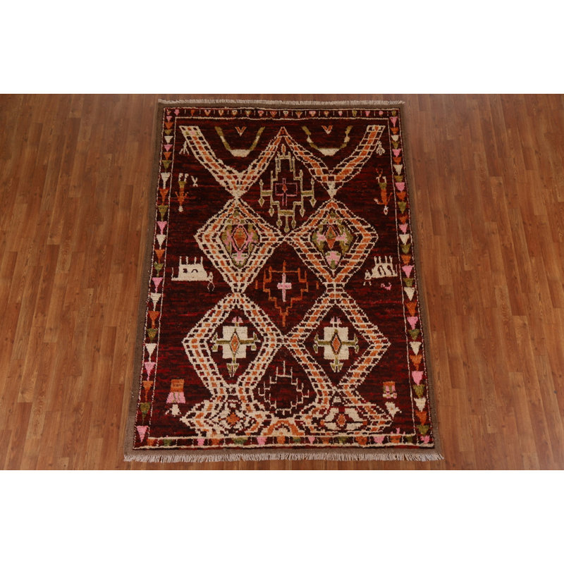 Tapis rouge en laine noué à la main de conception unique 5 pi 8 po x 8 pi New Age