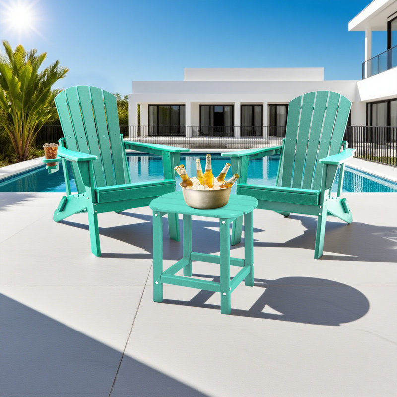 3-Piece Folding Adirondack Chairs With Side Table, HDPE Plastic Outdoor Chairs With Cup Holder- 400Lbs & Weather Resistant For Fire Pit, Deck, Patio, Pool, Backyard