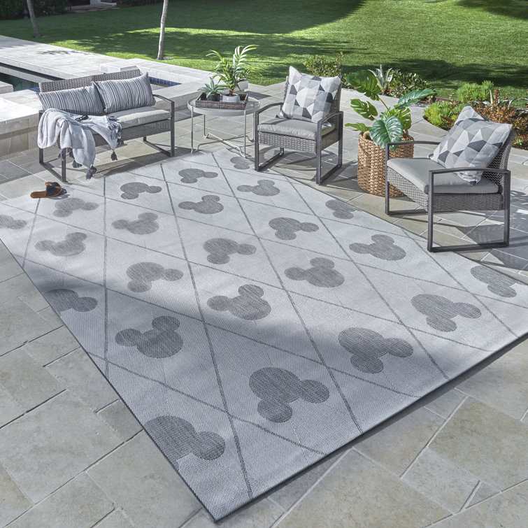 Licensed Disney Mickey Mouse Gray Modern Argyle Indoor/Outdoor Flatweave Area Rug