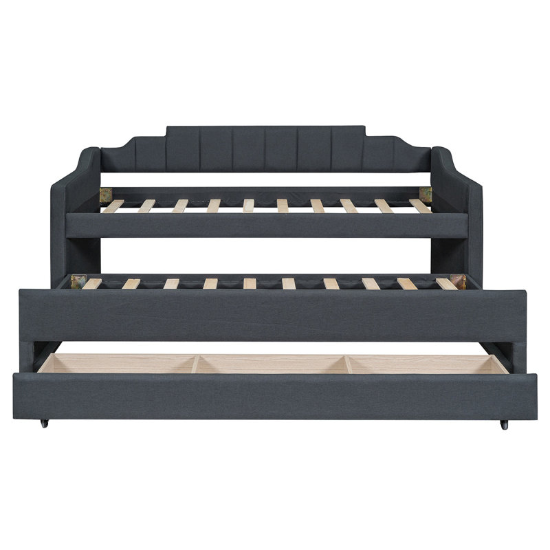 Upholstered Daybed With Trundle And Three Drawers, Gray