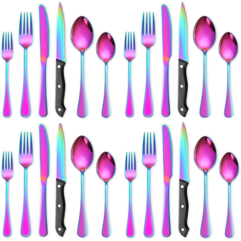 Ensemble de couverts 24 pièces pour 4 personnes en acier inoxydable Rainbow, allant au lave-vaisselle durable avec fourchettes, couteaux, cuillères et couteaux à steak pour un usage quotidien et des occasions spéciales