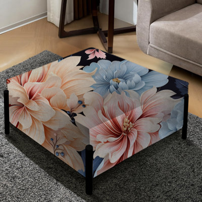 Délices de pivoines roses et bleus intemporels - Grand repose-pieds carré floral