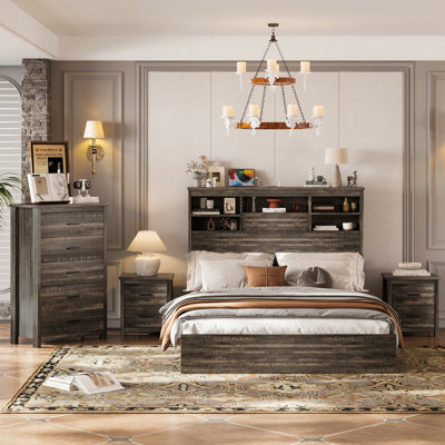 4PCS Bedroom Sets, Wooden Queen Size Bed Frame With Storage Headboard And Charging Station, 2 Nightstands With 2 Drawers, 1 Dresser With 5 Drawers by Hokku Designs