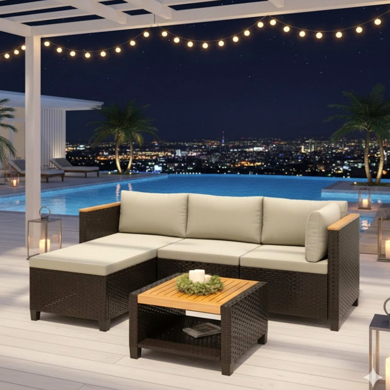 3-Piece L-Shaped Wicker Patio Set With Beige Cushions And Acacia Wood Storage Table, Beige