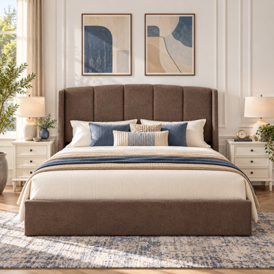 Lit coffre relevable capitonné, taupe, Queen