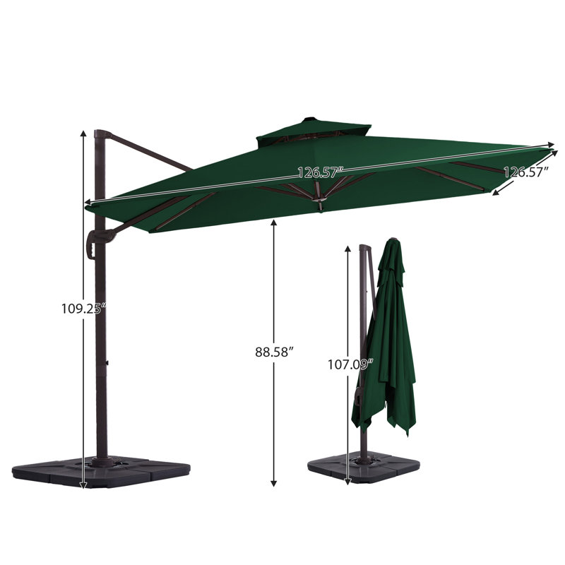 Parasol en porte-à-faux de patio carré 11 x 11 pi avec base lestée, Vert foncé