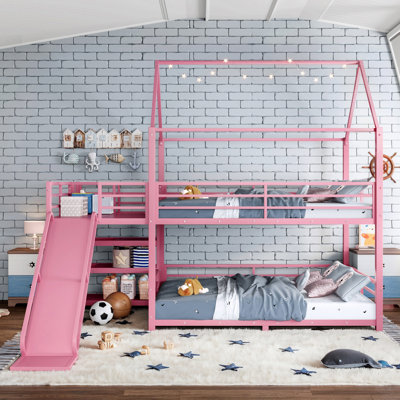 Full Metal House Bunk Bed with Storage Stairs, Slide, Safety Rails, Pink