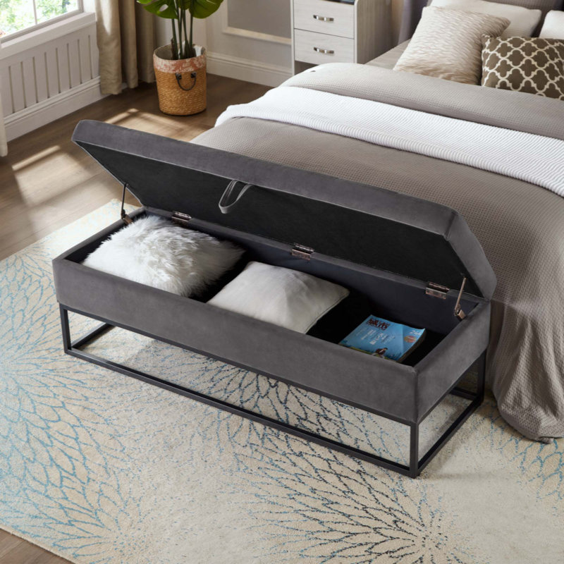 Bed Bench Metal Base With Storage Velvet, Gray