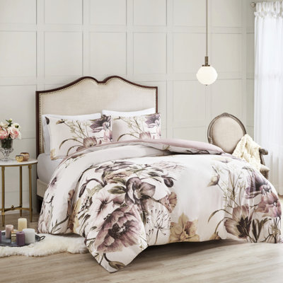 Housse de couette Shabby Chic King / King - 3 pièces en coton imprimé, floral élégant, style chambre douce, fermeture à boutons, attaches de coin, motif floral, attrait