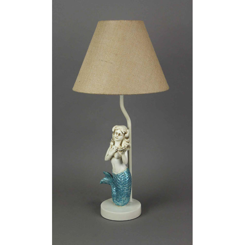 Lydie coastal mermaid resin table lamp with blue glitter tail, burlap shade and Type A 60 watt max bulb — 22.5 inches high