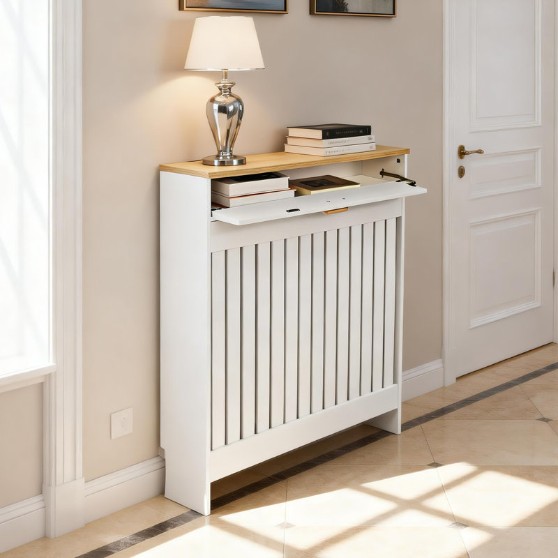 Modern Radiator Cover with Drawer White Slatted MDF Heater Cabinet with Natural Wood-Textured Top, 30.91"x7.48"x37.60"
