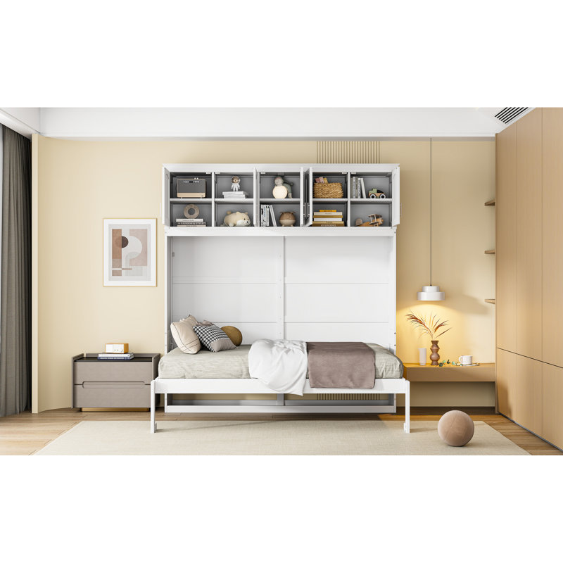 Lit double blanc avec tiroirs de rangement supérieurs, idéal pour les espaces invités, système de mur facile à gérer, peu encombrant dans les petites suites, abaissement et levage