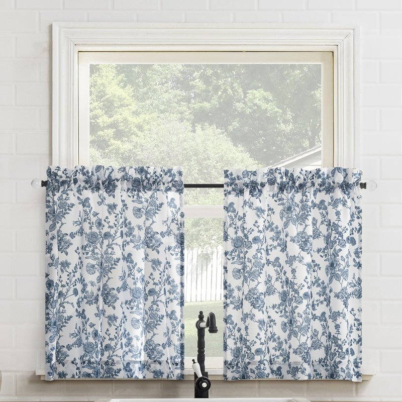 Rideau de cuisine semi-diaphane avec passe-tringle Elodie Tonal, Bleu, L 54 po x L 36 po