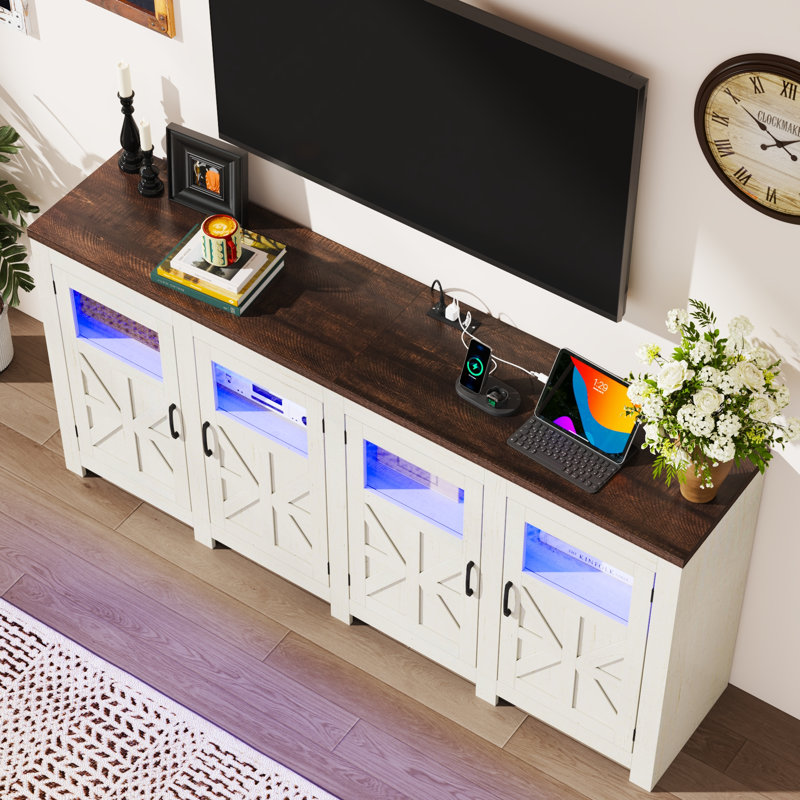 74" LED Farmhouse TV Stand For Tvs Up To 85" With Power Outlets And Adjustable Shelves, White/Brown