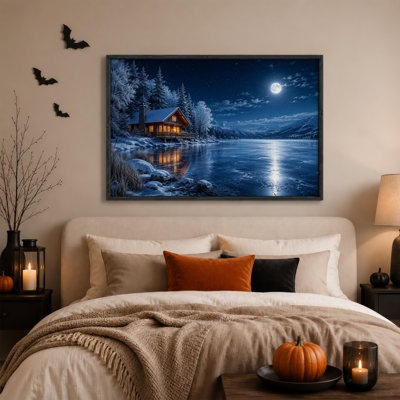 Cabane enneigée sur un lac gelé sous la pleine lune - Toile murale d'Halloween