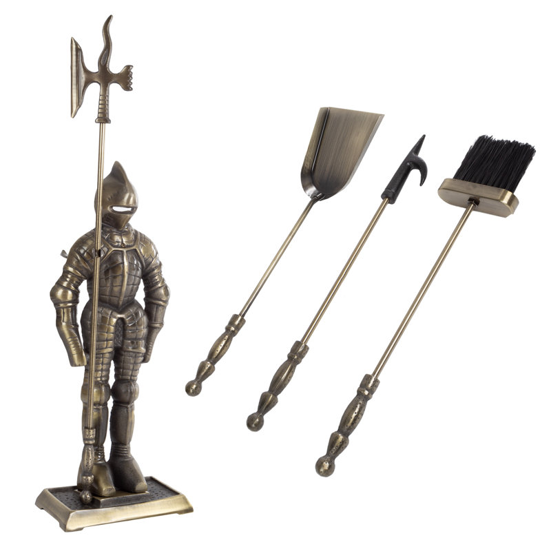Ensemble d'outils de foyer 3 pièces Syd - Statue médiévale en fonte Knight pouvant contenir des outils essentiels robustes - comprend une pelle, un balai et un tisonnier