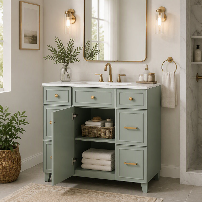 Meuble-lavabo 36 po avec lavabo en céramique, cadre en bois massif vert, portes à fermeture douce, tablettes réglables, 3 tiroirs, y compris un tiroir à double profondeur pour le rangement du sèche-cheveux