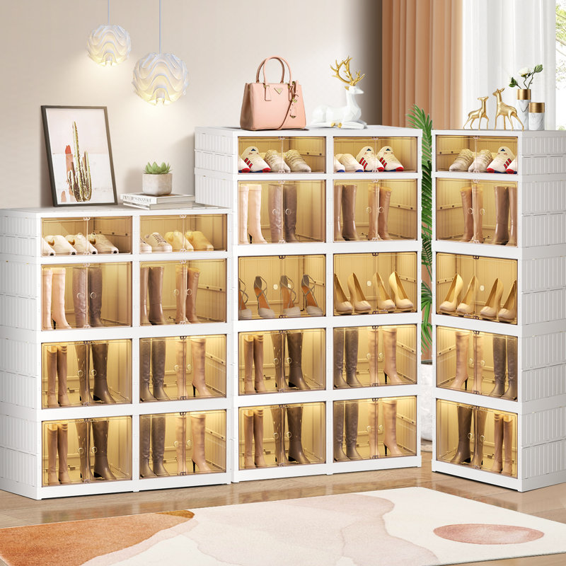Range-chaussures pliable à 5 niveaux pour chaussures 10 paires Boîte à chaussures pliable en plastique Boîtes à chaussures transparentes empilables avec porte Bacs à chaussures faciles à assembler avec couvercles