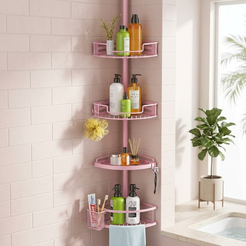 Étagère de douche d'angle rose à 4 niveaux avec barre de tension, réglable de 119 à 307 cm, antirouille