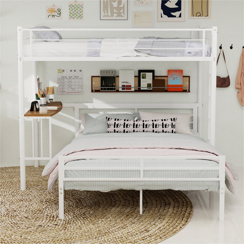 Structure de lit superposé simple au dessus d'un lit double en métal robuste avec échelle pratique et tablette de rangement, solution moderne pour économiser de l'espace pour les enfants et les adultes, assemblage facile, finition blanche, taille simple / double
