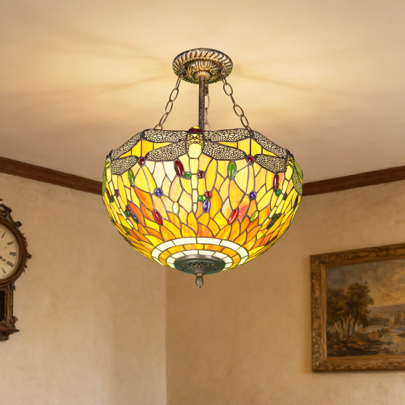 3 Light Victorian Style Red Dragonfly Design Stained Glass Hanging Pendant Ceiling Light