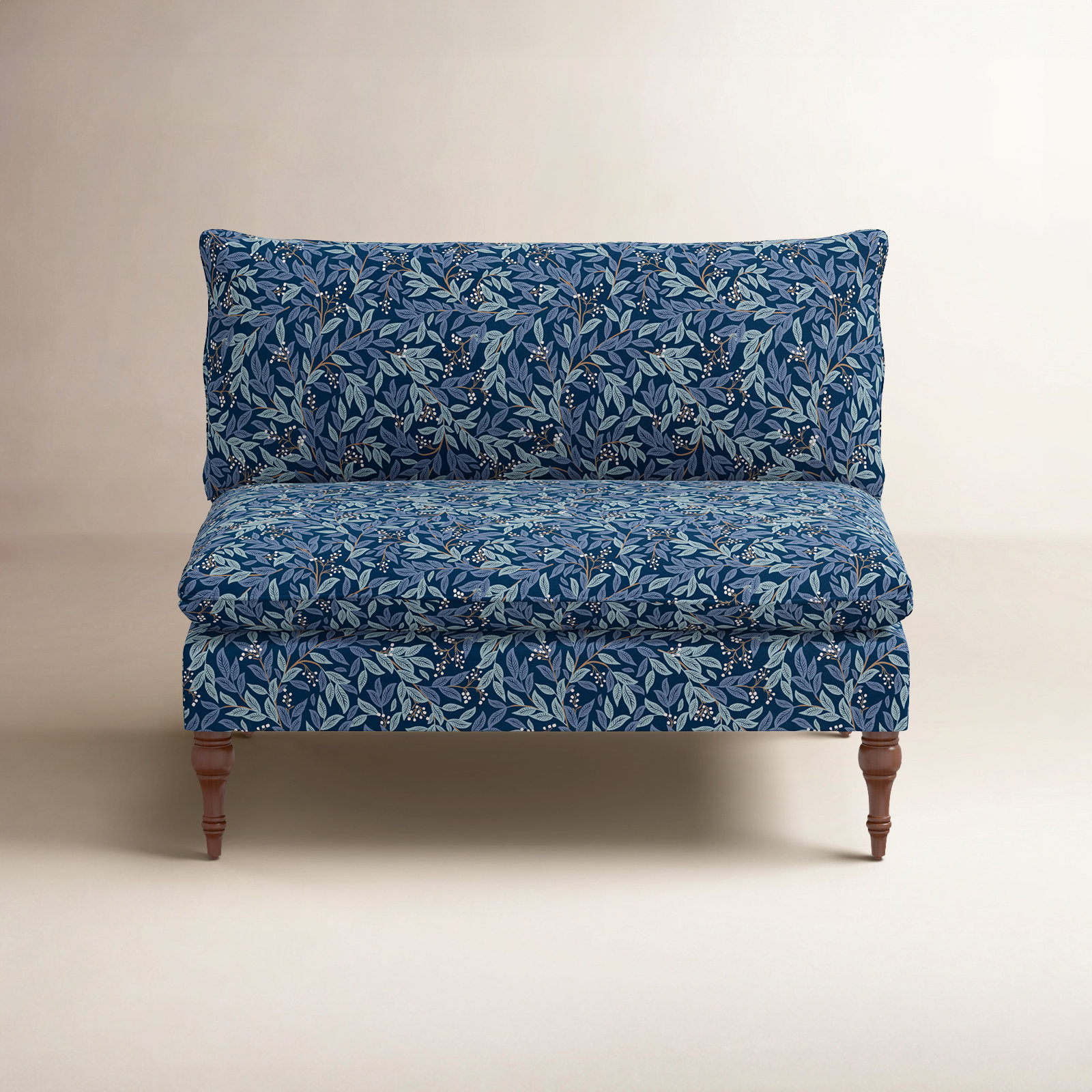 Rifle Paper Co. x Cloth & Company Louie Settee, Espresso Wood, Rpc Willowberry Navy Linen