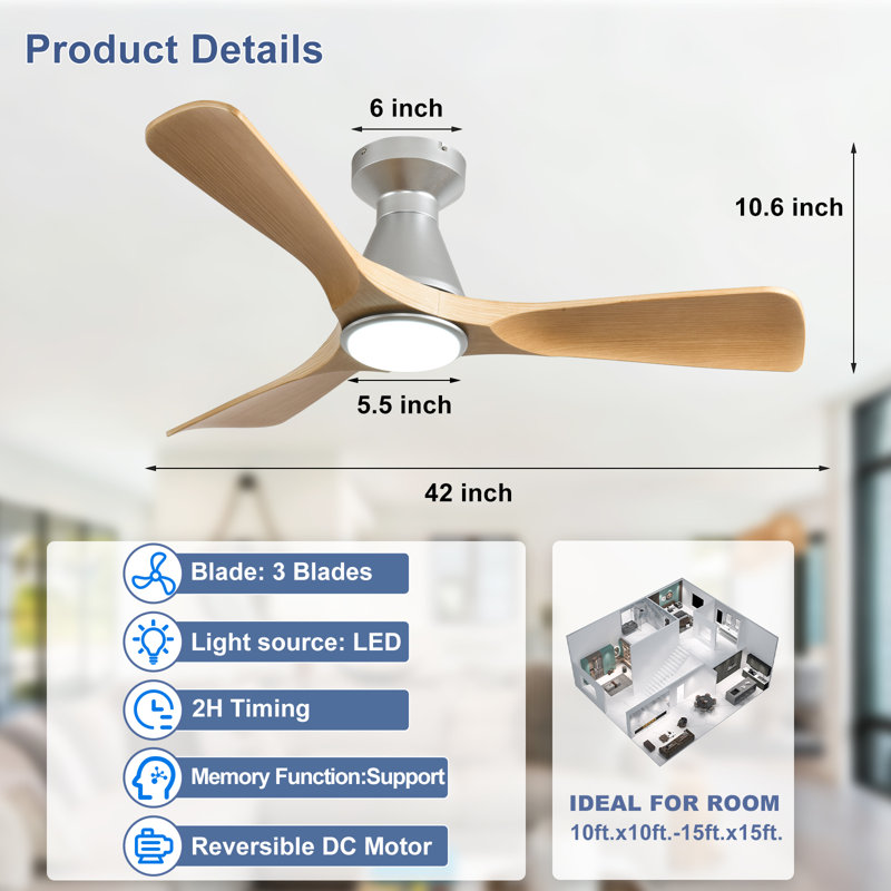 Ventilateur de plafond encastré à 3 pales en bois 42 pouces à 3 pales avec lumières et télécommande, ventilateur d'extérieur à intensité variable avec télécommande