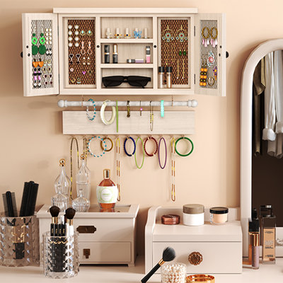Rustic Jewelry Organizer Hanging  Wall Mounted Mesh Jewelry Holder For Necklaces Earrings Bracelets Ring Holder With Removable Bracelet Rod Hooks Wooden Barn Decoration